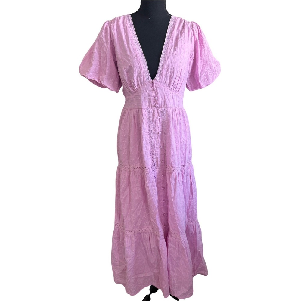 Jessica Simpson Womens Cottagecore Babydoll Lace Trim Tiered Maxi Dress M Boho